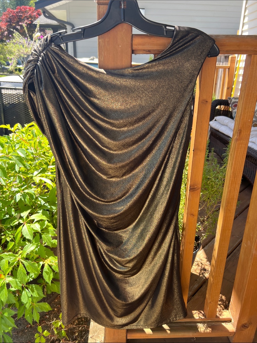 Vintage Y2K Le Chateau Bronze Metallic One-Shoulder Ruched Party Dress 9/10
